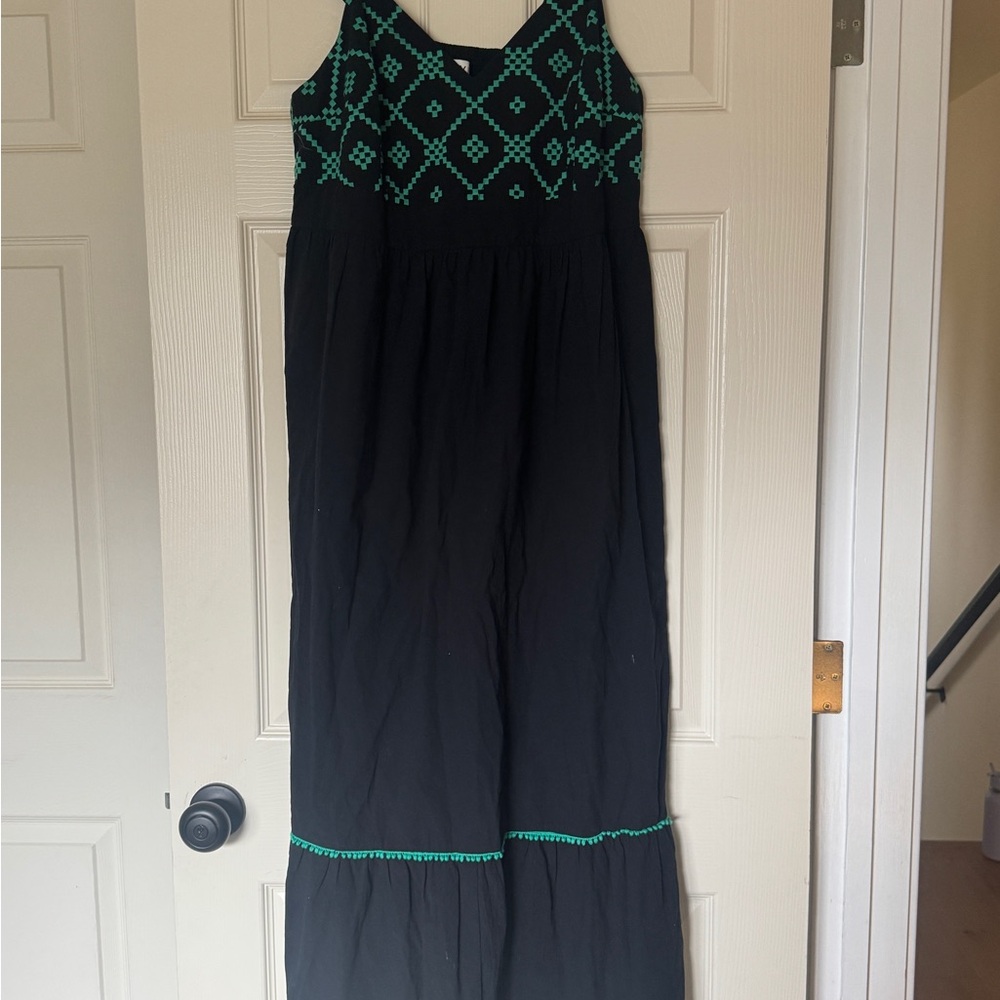 Black Maxi Dress with Teal Embroidered Bodice